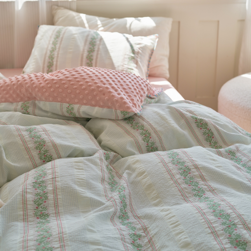 洋铭区（原狠狠爱） 2025秋冬新款水洗棉色织提花+豆豆绒四件套 藤蔓-红绿