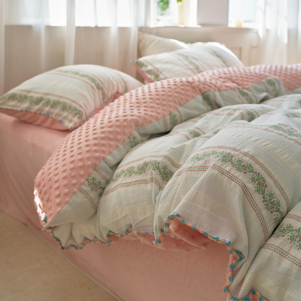 91家纺网 家纺一手货源 找家纺 洋铭区（原狠狠爱） 2025秋冬新款水洗棉色织提花+豆豆绒四件套 藤蔓-红绿