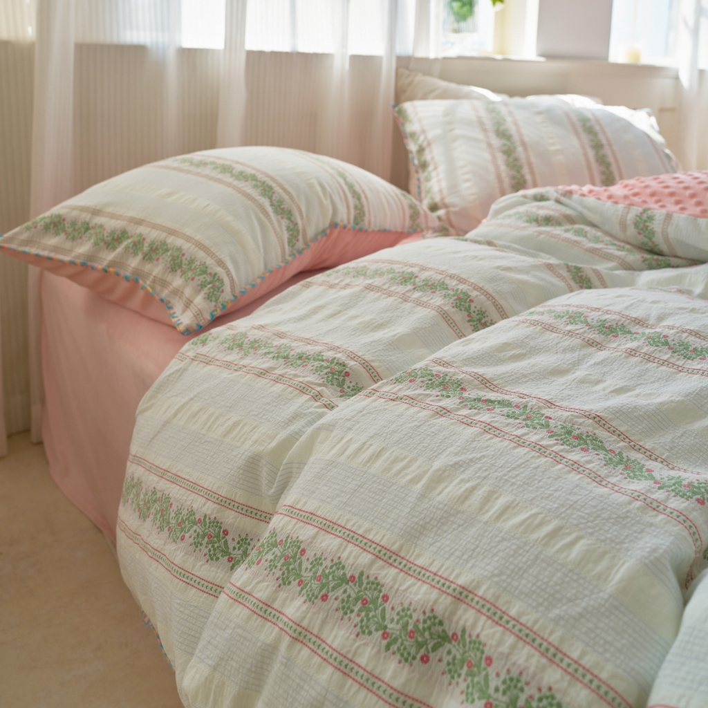 91家纺网 家纺一手货源 找家纺 洋铭区（原狠狠爱） 2025秋冬新款水洗棉色织提花+豆豆绒四件套 藤蔓-红绿