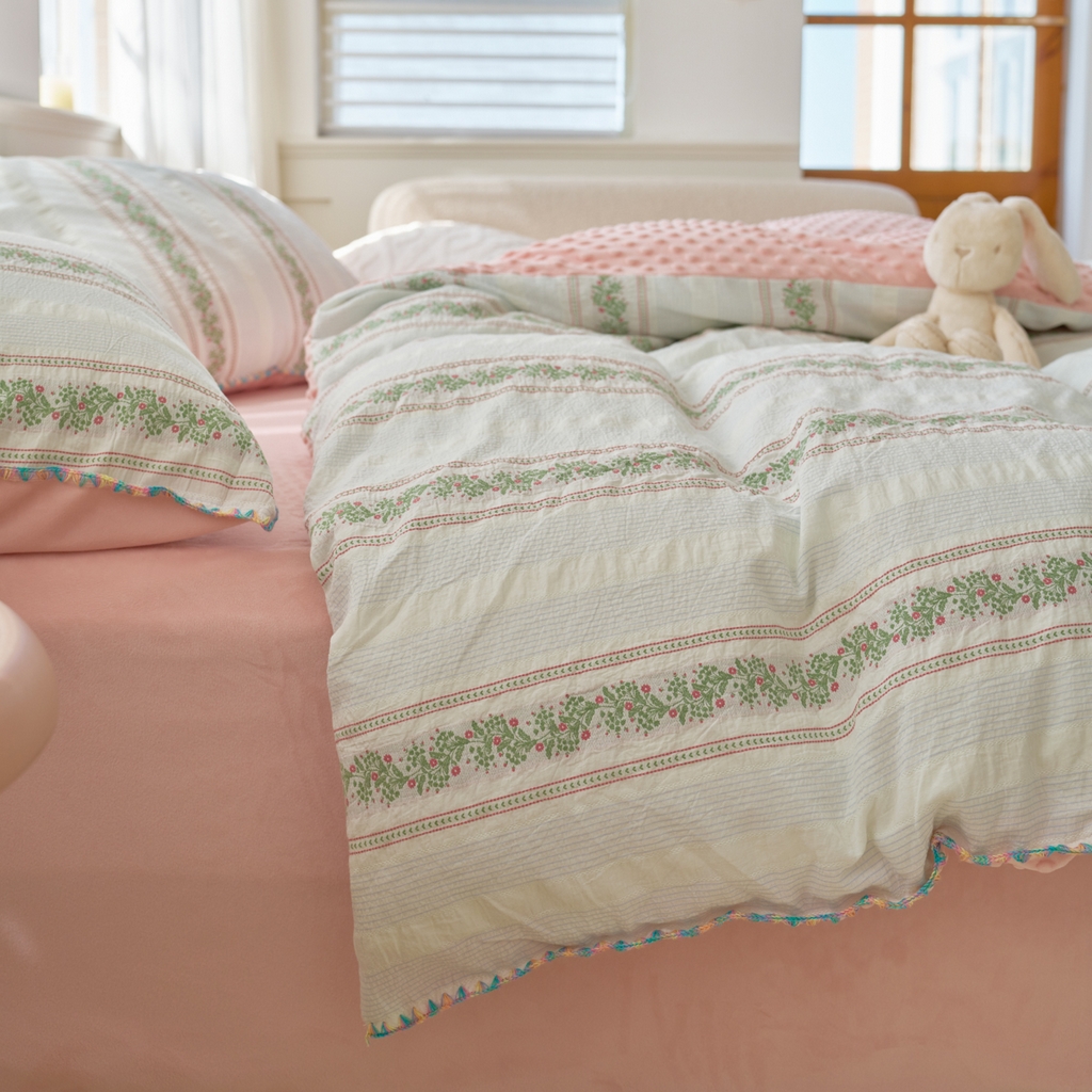 91家纺网 家纺一手货源 找家纺 洋铭区（原狠狠爱） 2025秋冬新款水洗棉色织提花+豆豆绒四件套 藤蔓-红绿