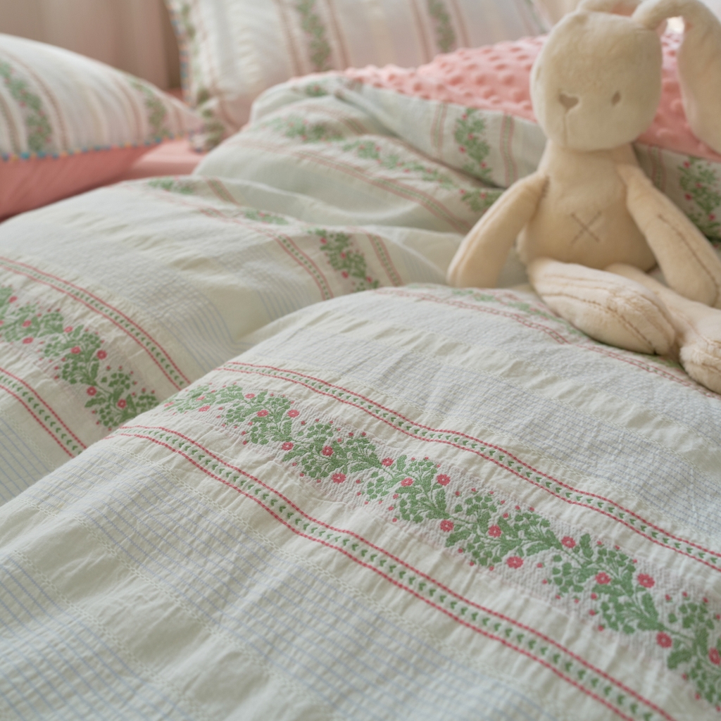 91家纺网 家纺一手货源 找家纺 洋铭区（原狠狠爱） 2025秋冬新款水洗棉色织提花+豆豆绒四件套 藤蔓-红绿