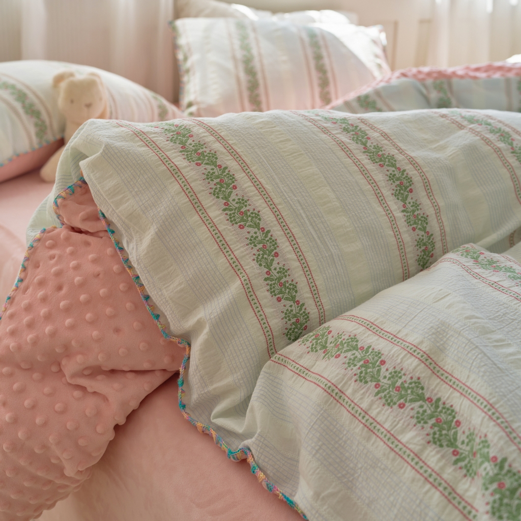 91家纺网 家纺一手货源 找家纺 洋铭区（原狠狠爱） 2025秋冬新款水洗棉色织提花+豆豆绒四件套 藤蔓-红绿