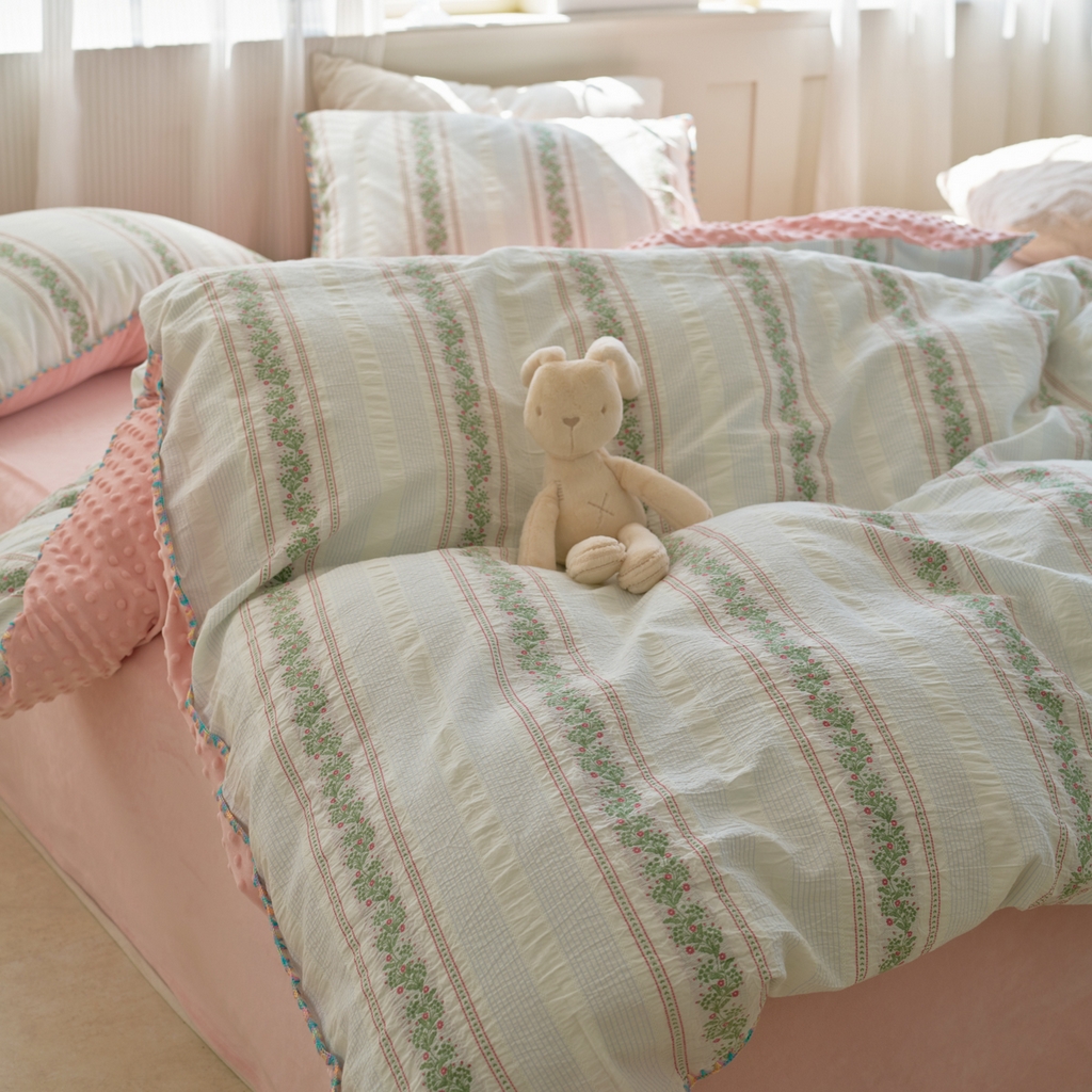 91家纺网 家纺一手货源 找家纺 洋铭区（原狠狠爱） 2025秋冬新款水洗棉色织提花+豆豆绒四件套 藤蔓-红绿