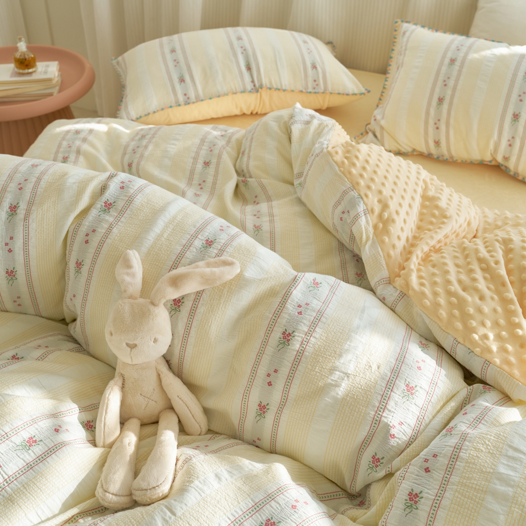 91家纺网 家纺一手货源 找家纺 洋铭区（原狠狠爱） 2025秋冬新款水洗棉色织提花+豆豆绒四件套 藤蔓-黄花束