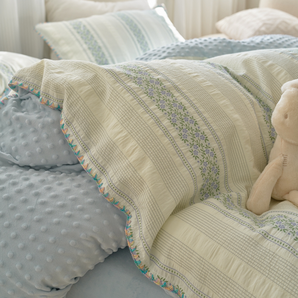 91家纺网 家纺一手货源 找家纺 洋铭区（原狠狠爱） 2025秋冬新款水洗棉色织提花+豆豆绒四件套 藤蔓-蓝绿