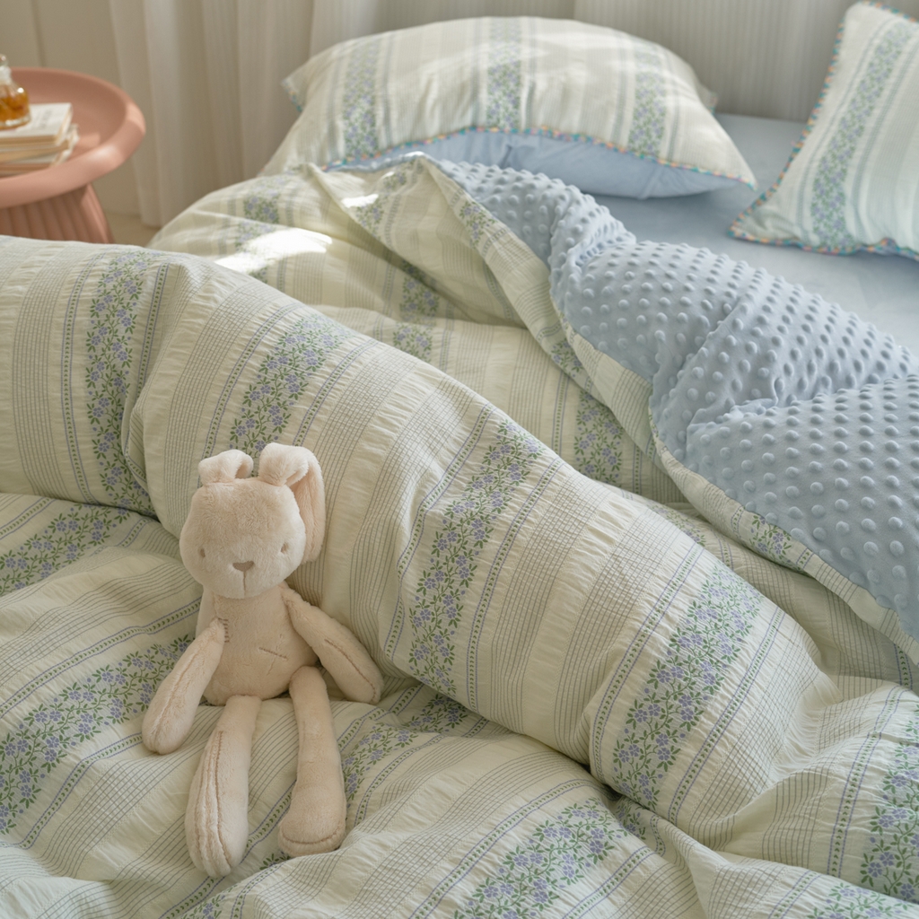 91家纺网 家纺一手货源 找家纺 洋铭区（原狠狠爱） 2025秋冬新款水洗棉色织提花+豆豆绒四件套 藤蔓-蓝绿