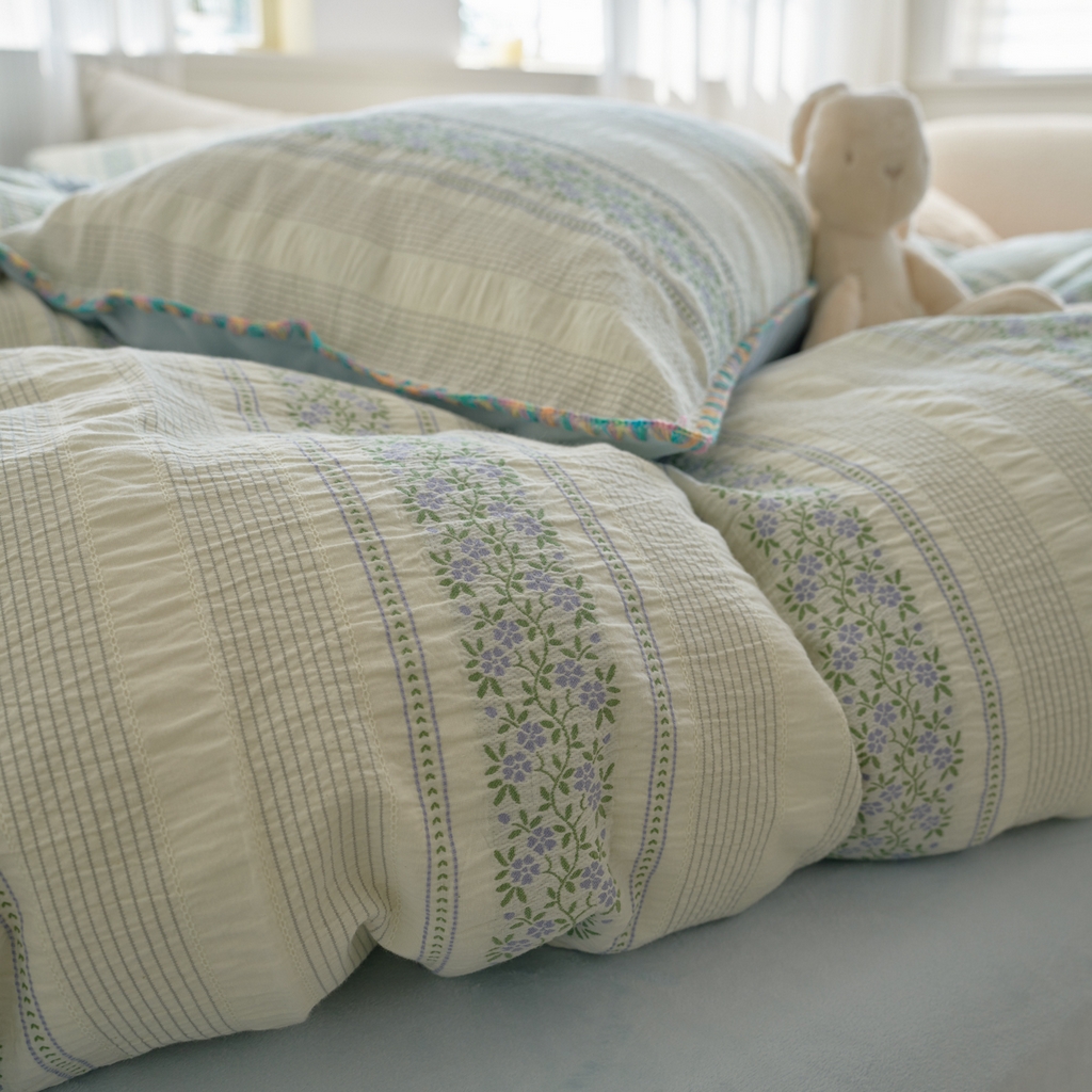 91家纺网 家纺一手货源 找家纺 洋铭区（原狠狠爱） 2025秋冬新款水洗棉色织提花+豆豆绒四件套 藤蔓-蓝绿