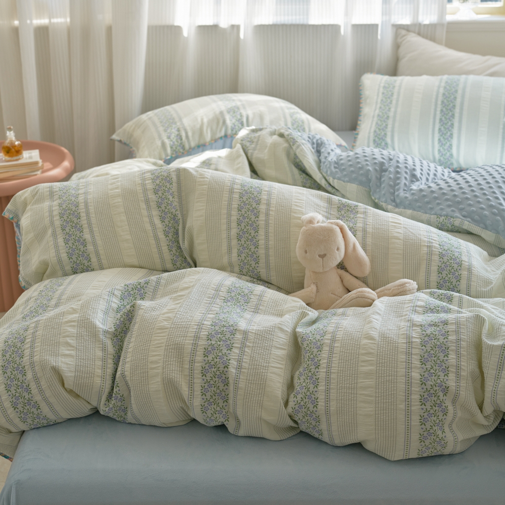 91家纺网 家纺一手货源 找家纺 洋铭区（原狠狠爱） 2025秋冬新款水洗棉色织提花+豆豆绒四件套 藤蔓-蓝绿