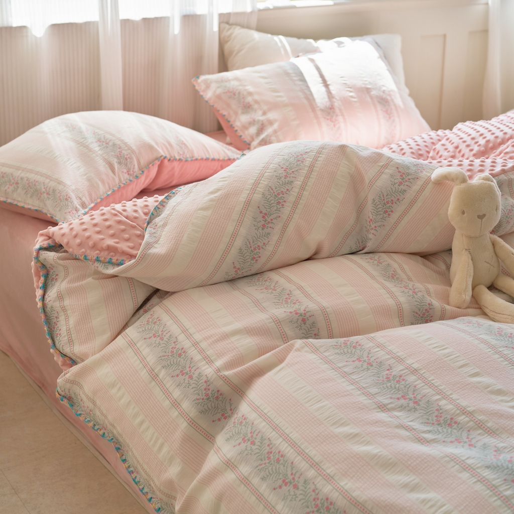 91家纺网 家纺一手货源 找家纺 洋铭区（原狠狠爱） 2025秋冬新款水洗棉色织提花+豆豆绒四件套 藤蔓-小粉花