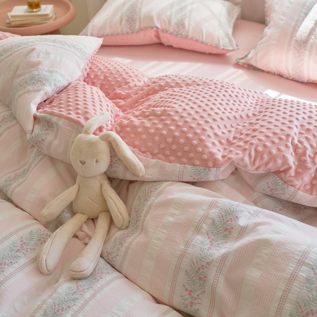 91家纺网 家纺一手货源 找家纺 洋铭区（原狠狠爱） 2025秋冬新款水洗棉色织提花+豆豆绒四件套 藤蔓-小粉花