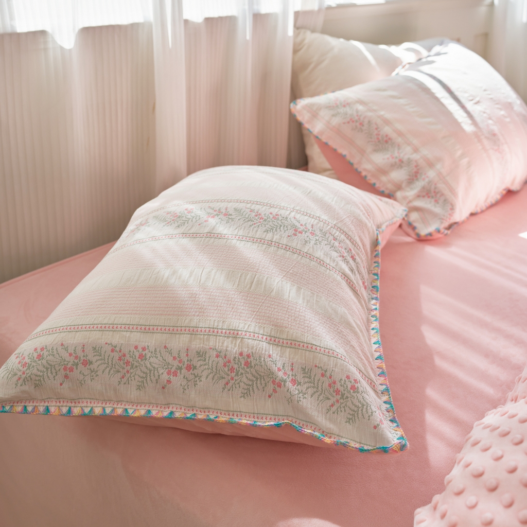 91家纺网 家纺一手货源 找家纺 洋铭区（原狠狠爱） 2025秋冬新款水洗棉色织提花+豆豆绒四件套 藤蔓-小粉花