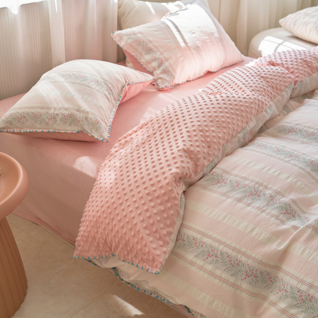 91家纺网 家纺一手货源 找家纺 洋铭区（原狠狠爱） 2025秋冬新款水洗棉色织提花+豆豆绒四件套 藤蔓-小粉花