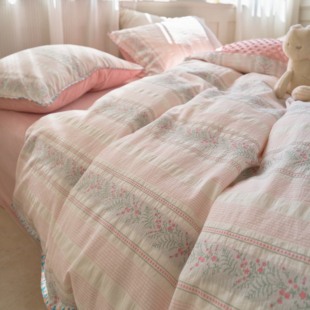 91家纺网 家纺一手货源 找家纺 洋铭区（原狠狠爱） 2025秋冬新款水洗棉色织提花+豆豆绒四件套 藤蔓-小粉花