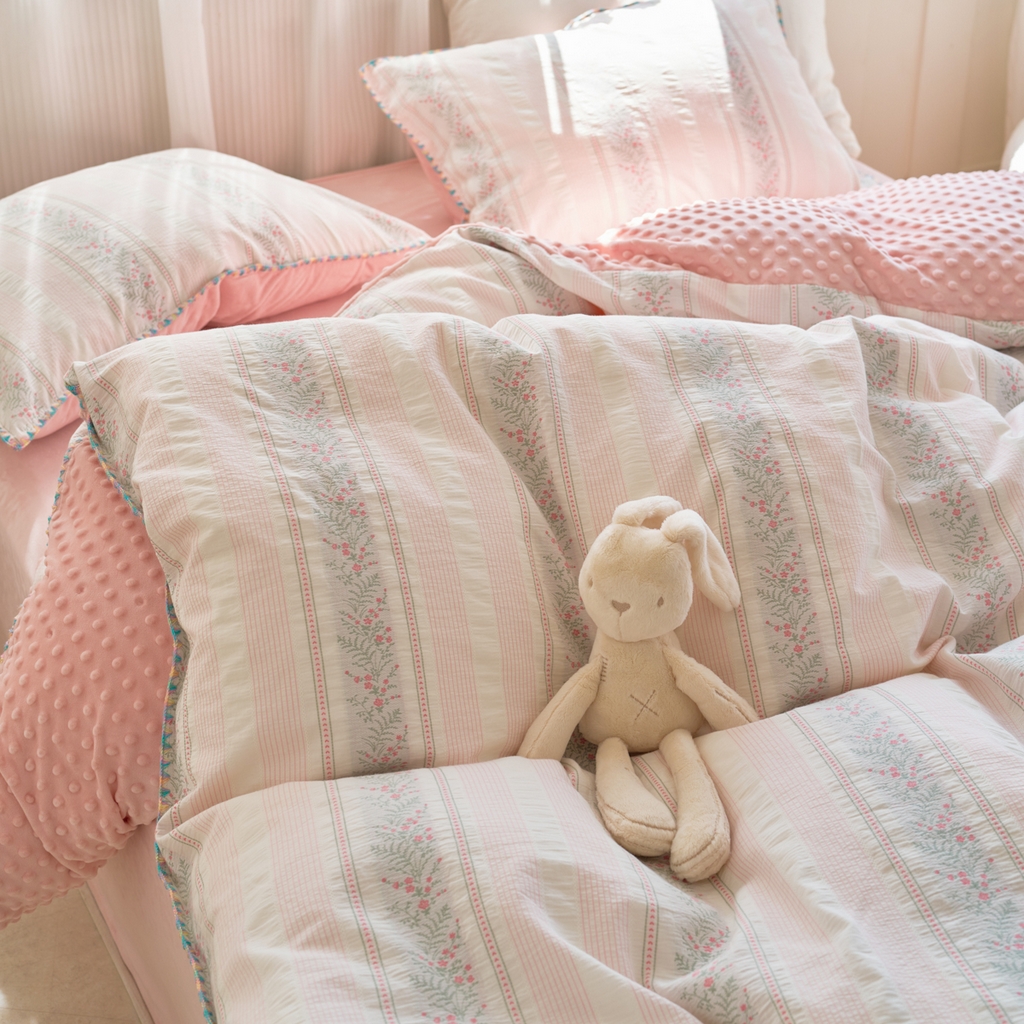 91家纺网 家纺一手货源 找家纺 洋铭区（原狠狠爱） 2025秋冬新款水洗棉色织提花+豆豆绒四件套 藤蔓-小粉花