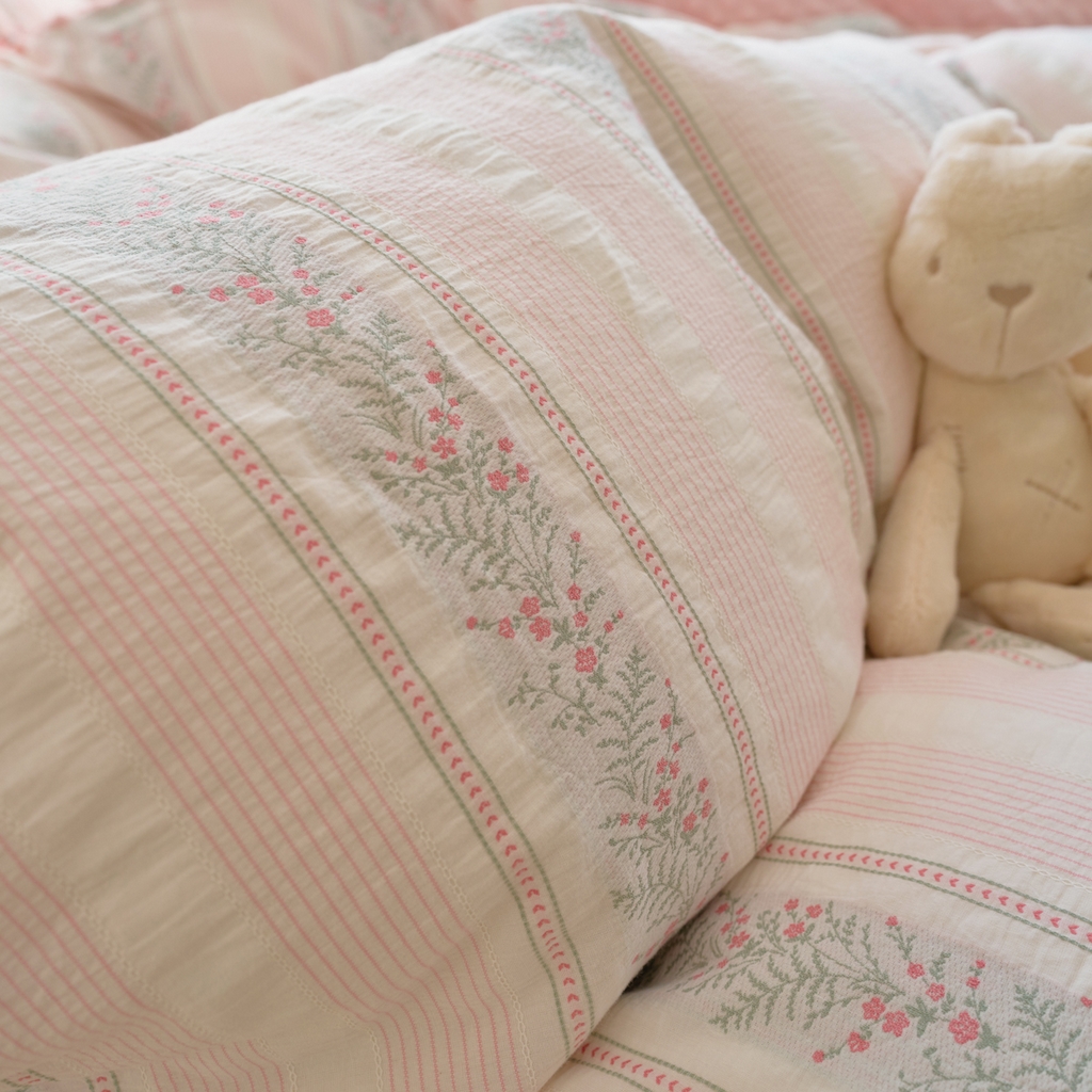 91家纺网 家纺一手货源 找家纺 洋铭区（原狠狠爱） 2025秋冬新款水洗棉色织提花+豆豆绒四件套 藤蔓-小粉花