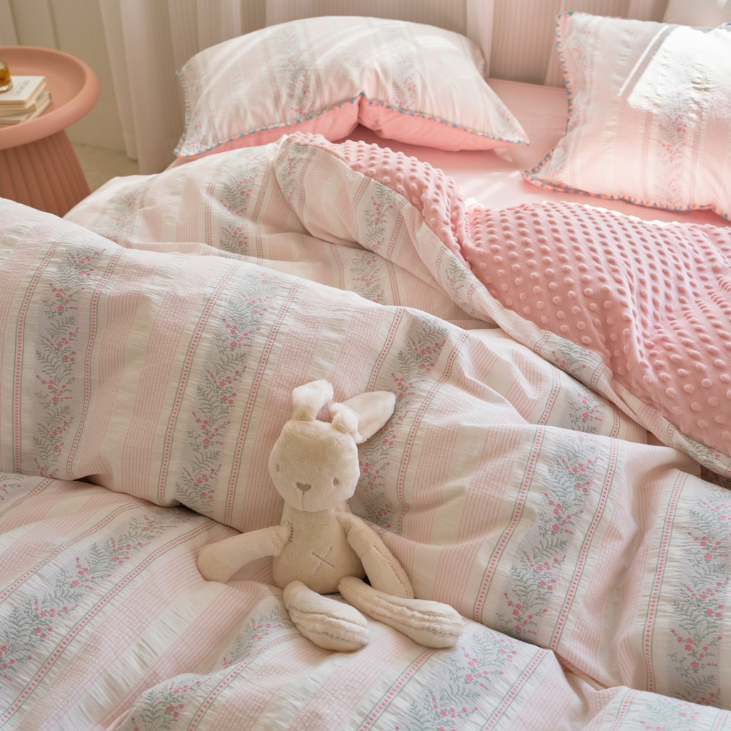 91家纺网 家纺一手货源 找家纺 洋铭区（原狠狠爱） 2025秋冬新款水洗棉色织提花+豆豆绒四件套 藤蔓-小粉花