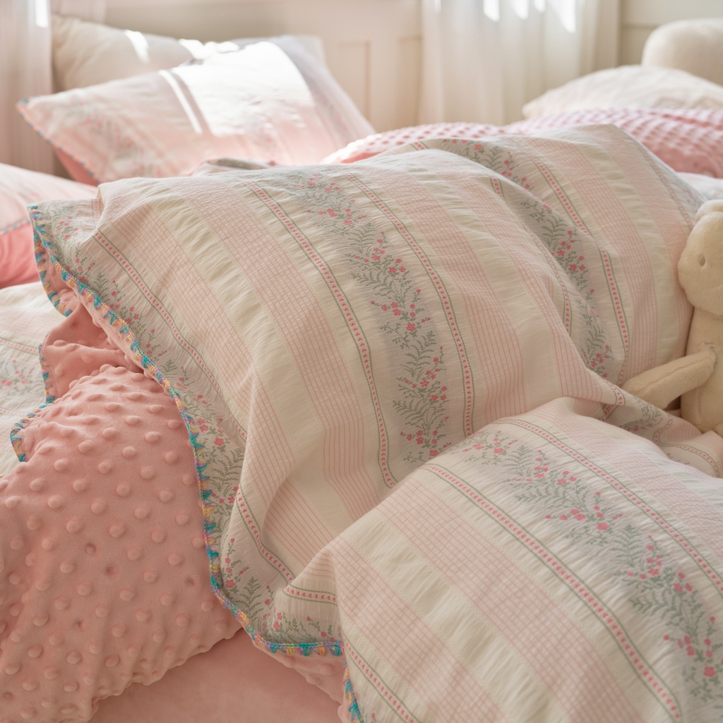 91家纺网 家纺一手货源 找家纺 洋铭区（原狠狠爱） 2025秋冬新款水洗棉色织提花+豆豆绒四件套 藤蔓-小粉花