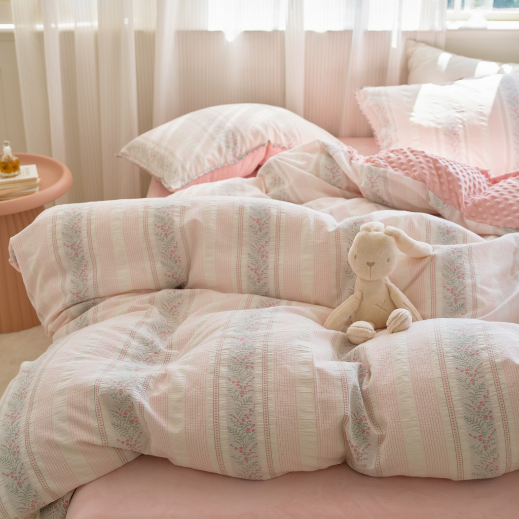 91家纺网 家纺一手货源 找家纺 洋铭区（原狠狠爱） 2025秋冬新款水洗棉色织提花+豆豆绒四件套 藤蔓-小粉花