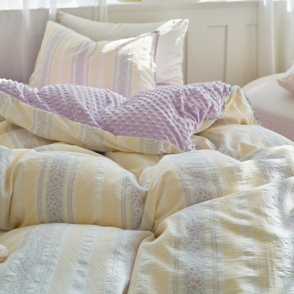 洋铭区（原狠狠爱） 2025秋冬新款水洗棉色织提花+豆豆绒四件套 藤蔓-紫小花