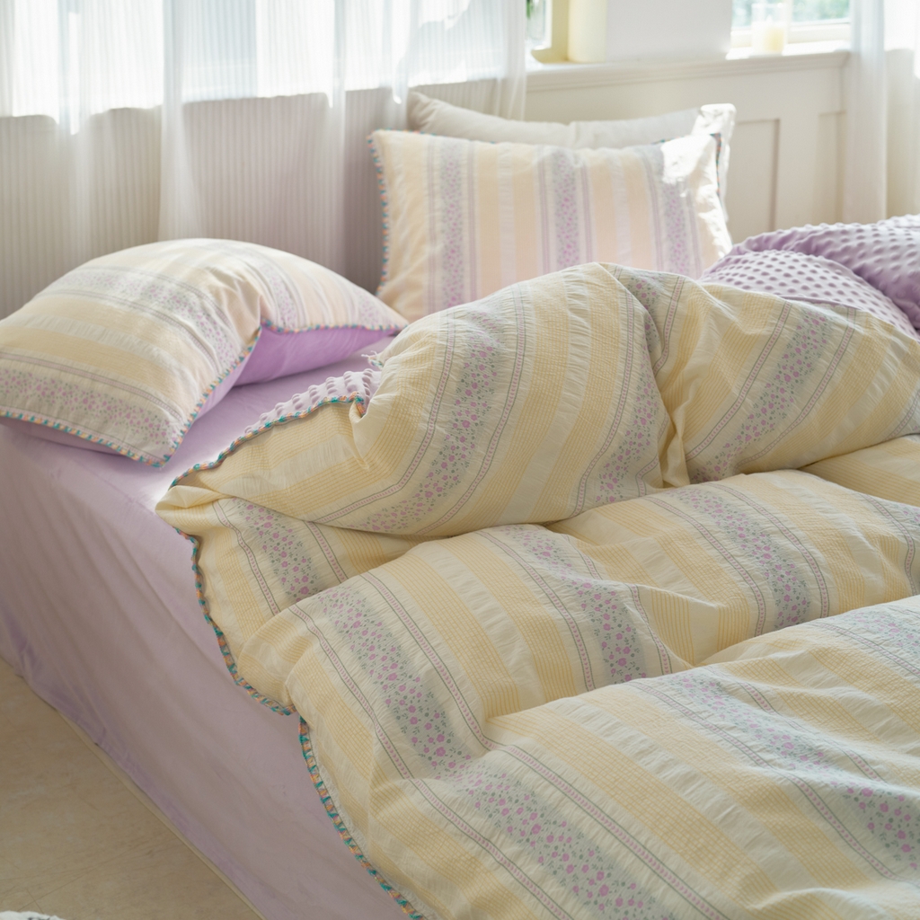 91家纺网 家纺一手货源 找家纺 洋铭区（原狠狠爱） 2025秋冬新款水洗棉色织提花+豆豆绒四件套 藤蔓-紫小花