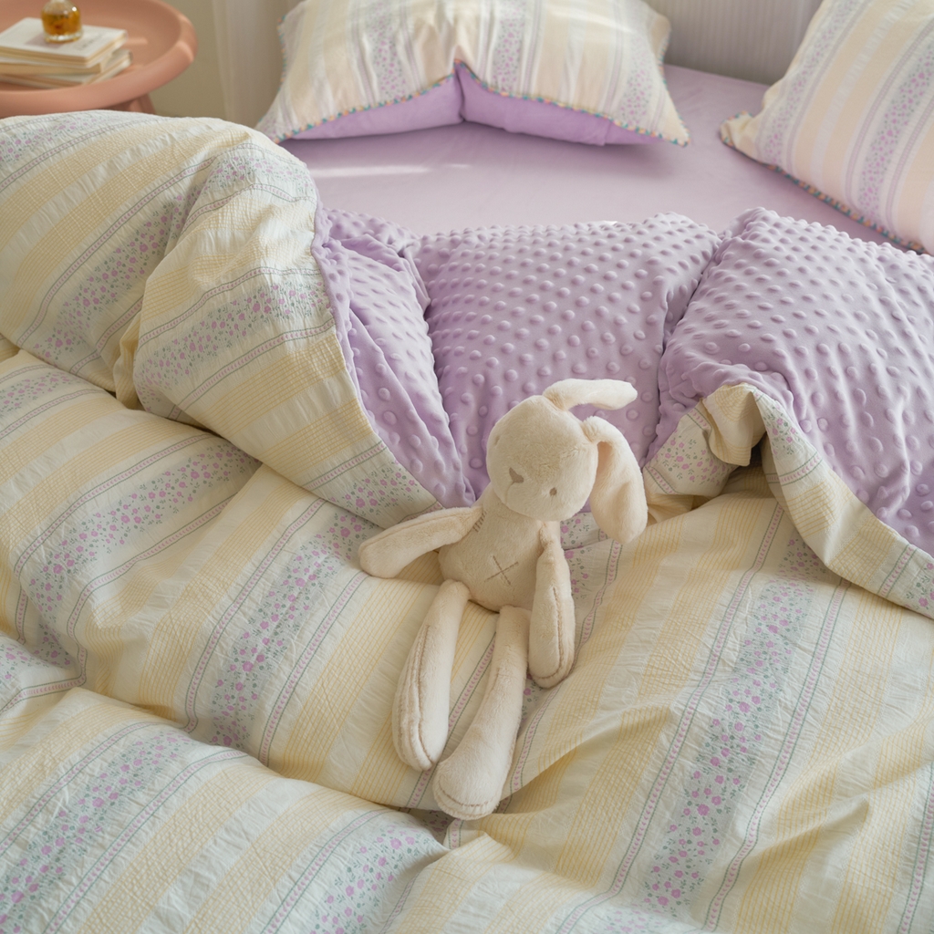 91家纺网 家纺一手货源 找家纺 洋铭区（原狠狠爱） 2025秋冬新款水洗棉色织提花+豆豆绒四件套 藤蔓-紫小花