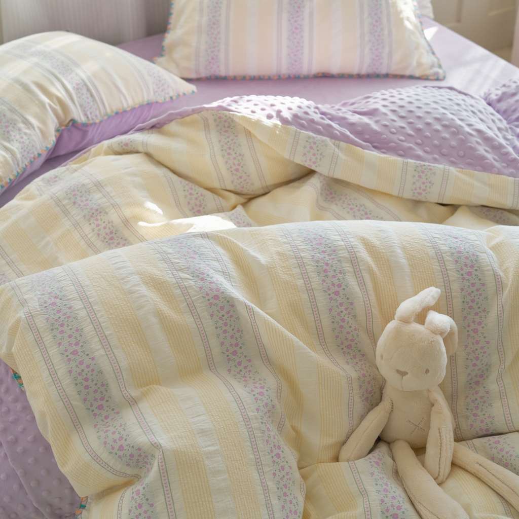 91家纺网 家纺一手货源 找家纺 洋铭区（原狠狠爱） 2025秋冬新款水洗棉色织提花+豆豆绒四件套 藤蔓-紫小花