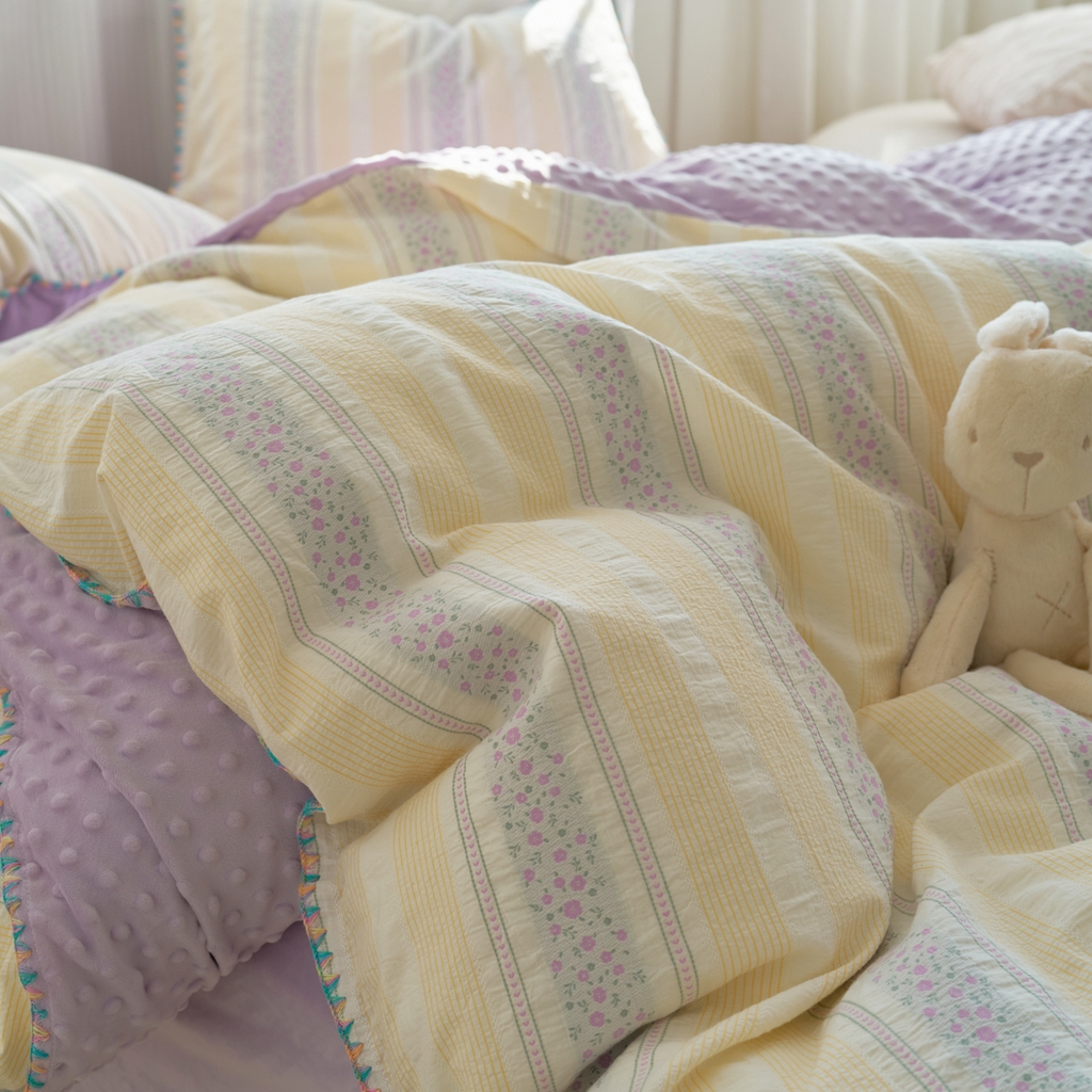 91家纺网 家纺一手货源 找家纺 洋铭区（原狠狠爱） 2025秋冬新款水洗棉色织提花+豆豆绒四件套 藤蔓-紫小花