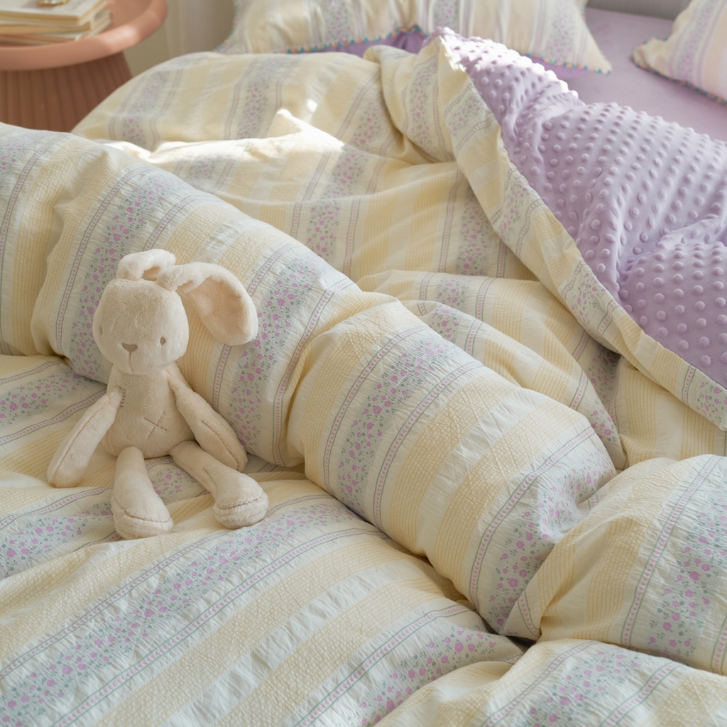 91家纺网 家纺一手货源 找家纺 洋铭区（原狠狠爱） 2025秋冬新款水洗棉色织提花+豆豆绒四件套 藤蔓-紫小花