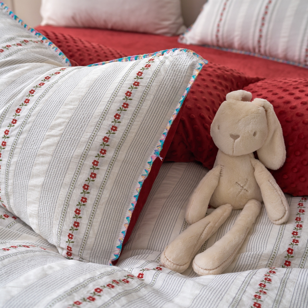 91家纺网 家纺一手货源 找家纺 洋铭区（原狠狠爱） 2025秋冬新款水洗棉色织提花+豆豆绒四件套 香水红花