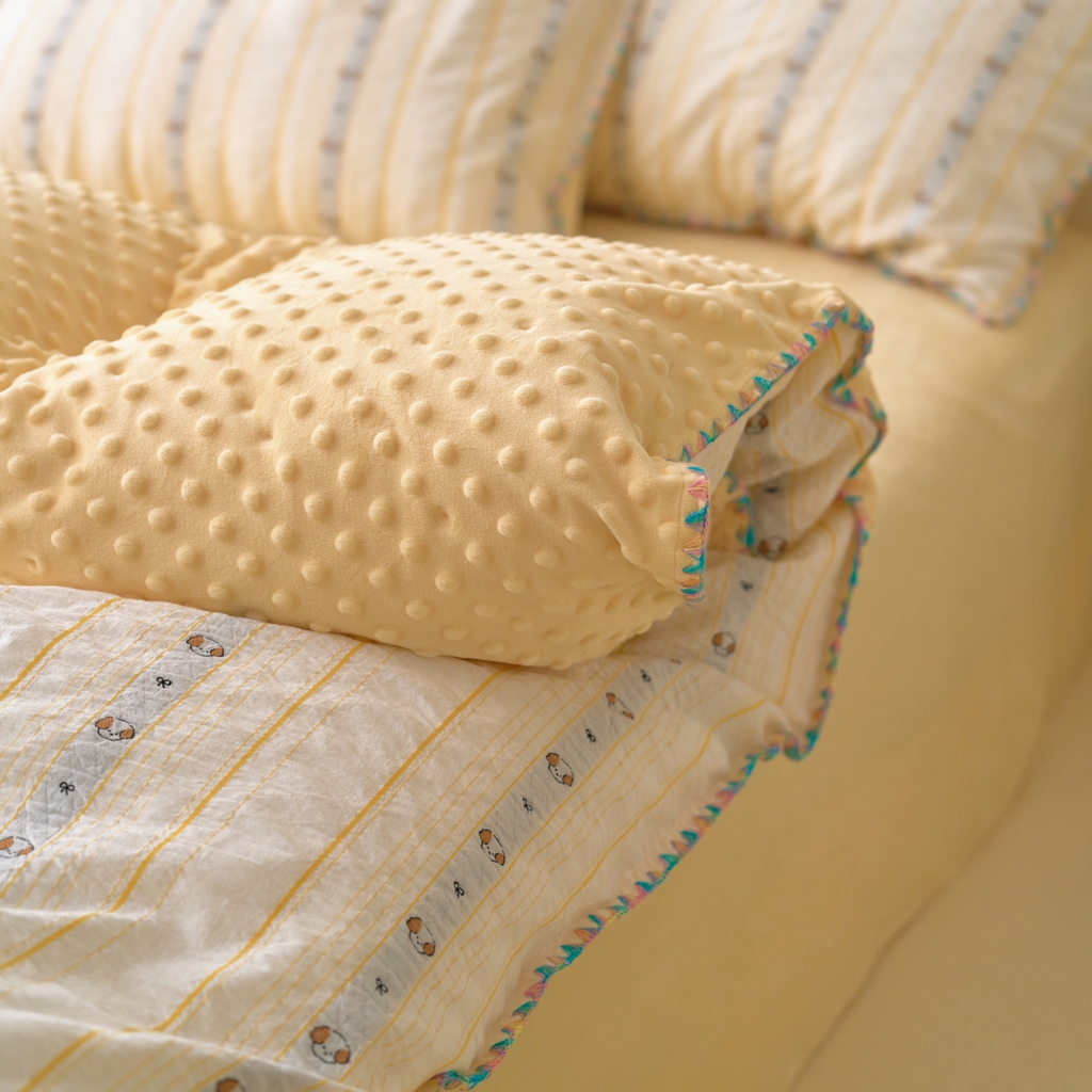 91家纺网 家纺一手货源 找家纺 洋铭区（原狠狠爱） 2025秋冬新款水洗棉色织提花+豆豆绒四件套 小黄宝宝