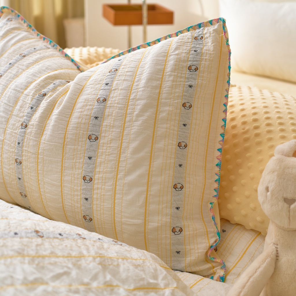 91家纺网 家纺一手货源 找家纺 洋铭区（原狠狠爱） 2025秋冬新款水洗棉色织提花+豆豆绒四件套 小黄宝宝