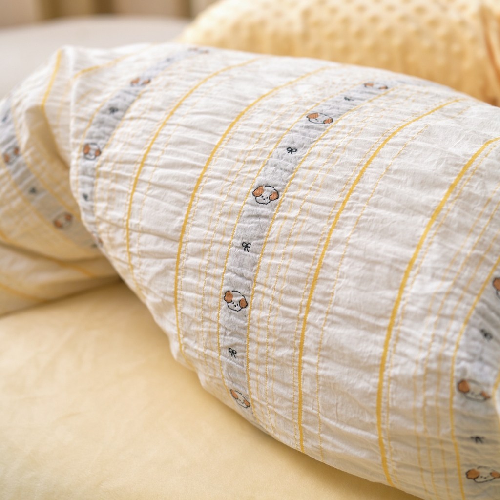 91家纺网 家纺一手货源 找家纺 洋铭区（原狠狠爱） 2025秋冬新款水洗棉色织提花+豆豆绒四件套 小黄宝宝