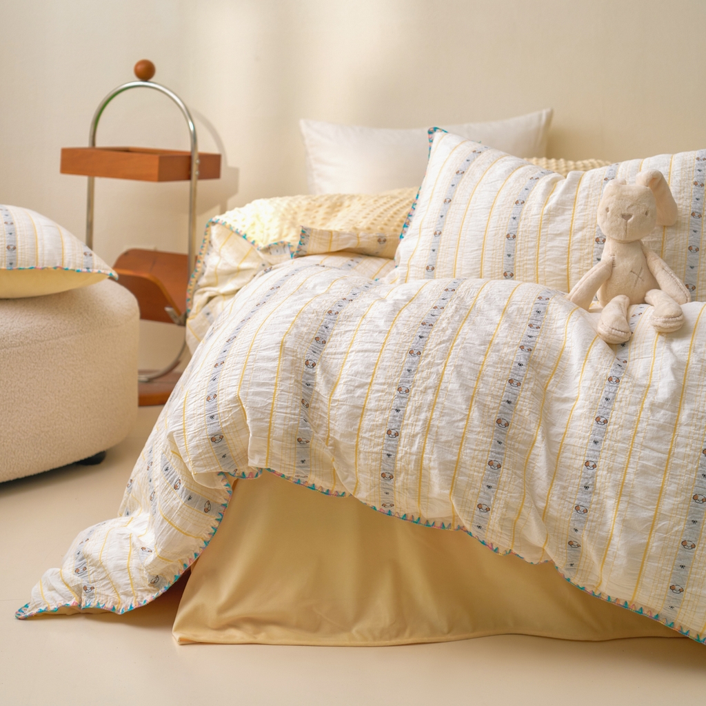 91家纺网 家纺一手货源 找家纺 洋铭区（原狠狠爱） 2025秋冬新款水洗棉色织提花+豆豆绒四件套 小黄宝宝