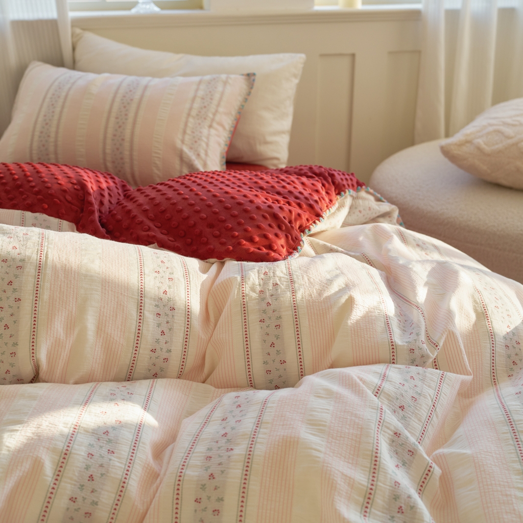 洋铭区（原狠狠爱） 2025秋冬新款水洗棉色织提花+豆豆绒四件套 悠悠小花