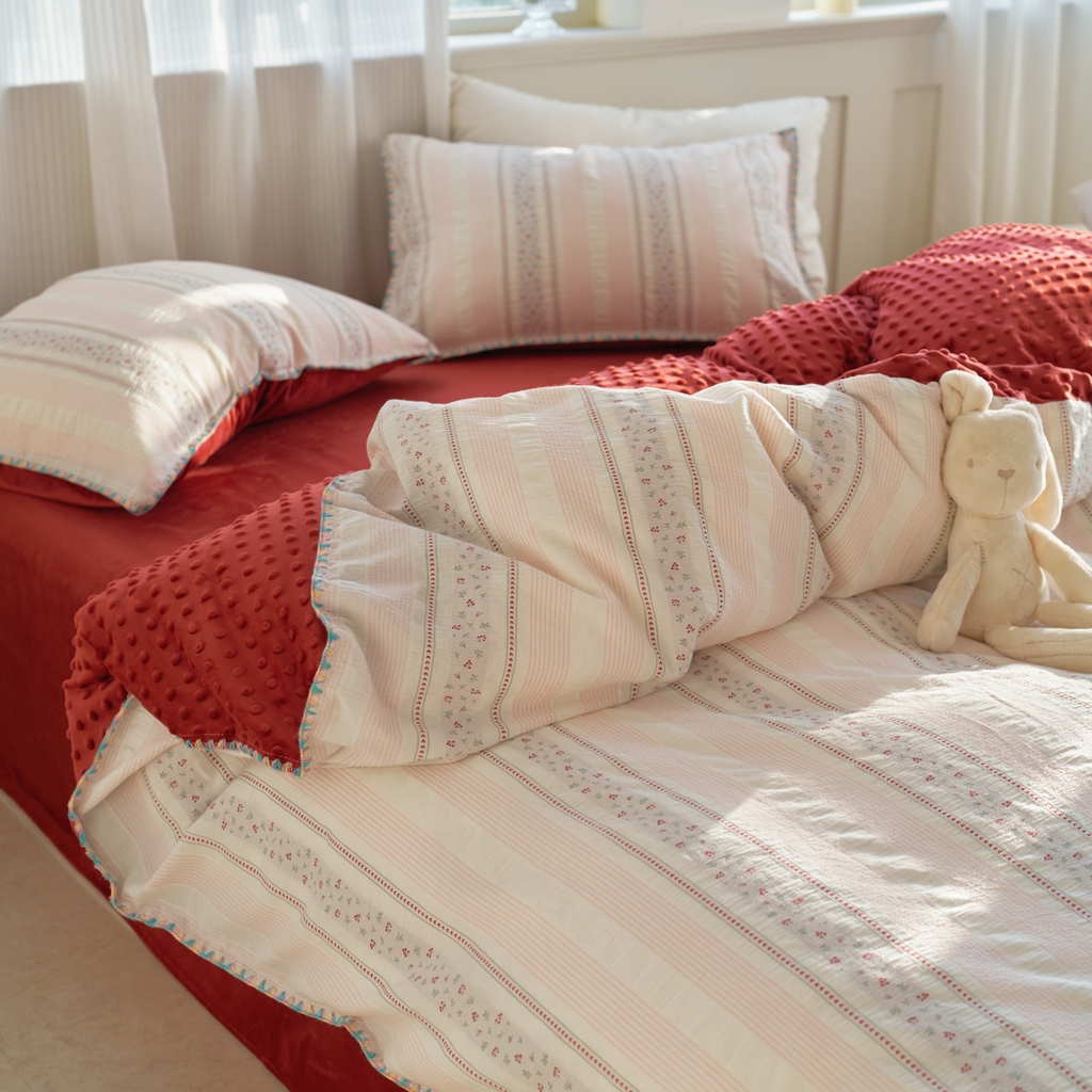 91家纺网 家纺一手货源 找家纺 洋铭区（原狠狠爱） 2025秋冬新款水洗棉色织提花+豆豆绒四件套 悠悠小花