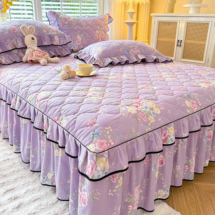 91家纺网 家纺一手货源 找家纺 优家居 2025新品水洗棉夹棉床裙单件三件套韩版水洗皱皱纱夹棉床盖床罩直播爆款 秘园絮语