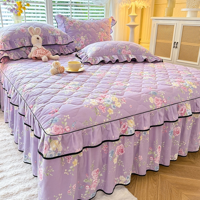 91家纺网 家纺一手货源 找家纺 优家居 2025新品水洗棉夹棉床裙单件三件套韩版水洗皱皱纱夹棉床盖床罩直播爆款 秘园絮语