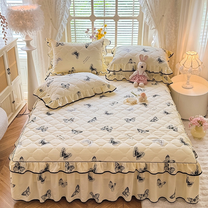 91家纺网 家纺一手货源 找家纺 （总）优家居 2025新品水洗棉夹棉床裙单件三件套韩版水洗皱皱纱夹棉床盖床罩直播爆款