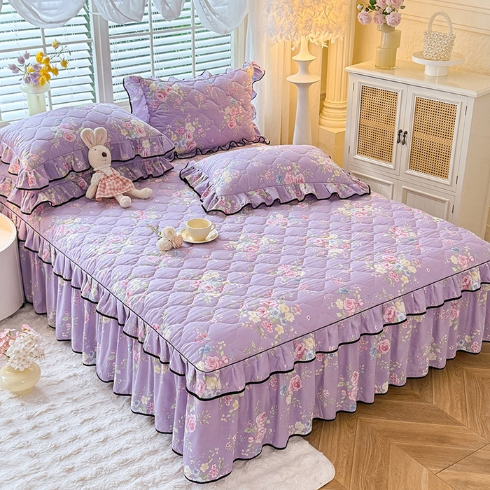 91家纺网 家纺一手货源 找家纺 优家居 2025新品水洗棉夹棉床裙单件三件套韩版水洗皱皱纱夹棉床盖床罩直播爆款 秘园絮语