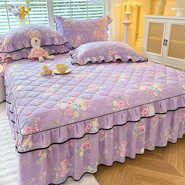 91家纺网 家纺一手货源 找家纺 优家居 2025新品水洗棉夹棉床裙单件三件套韩版水洗皱皱纱夹棉床盖床罩直播爆款 秘园絮语