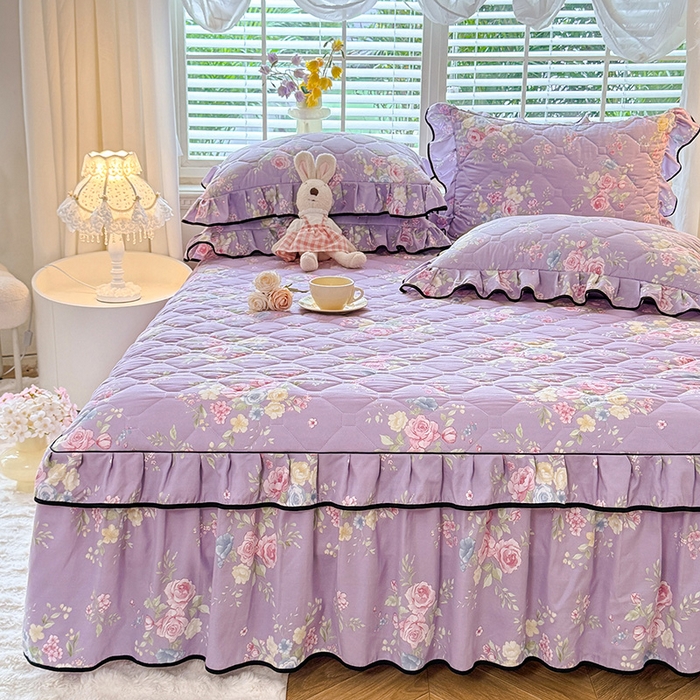 91家纺网 家纺一手货源 找家纺 优家居 2025新品水洗棉夹棉床裙单件三件套韩版水洗皱皱纱夹棉床盖床罩直播爆款 秘园絮语