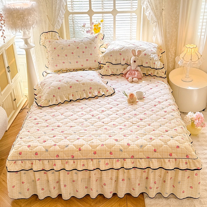 91家纺网 家纺一手货源 找家纺 （总）优家居 2025新品水洗棉夹棉床裙单件三件套韩版水洗皱皱纱夹棉床盖床罩直播爆款