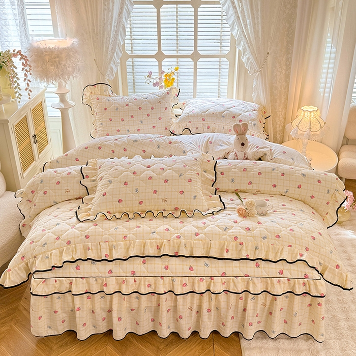 91家纺网 家纺一手货源 找家纺 优家居 2025新品水洗棉全夹棉床裙四件套韩版糯糯棉水洗皱皱纱床罩花边被套枕套直播爆款 莓好时光