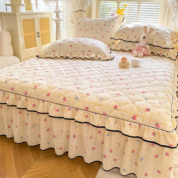 91家纺网 家纺一手货源 找家纺 优家居 2025新品水洗棉全夹棉床裙四件套韩版糯糯棉水洗皱皱纱床罩花边被套枕套直播爆款 莓好时光