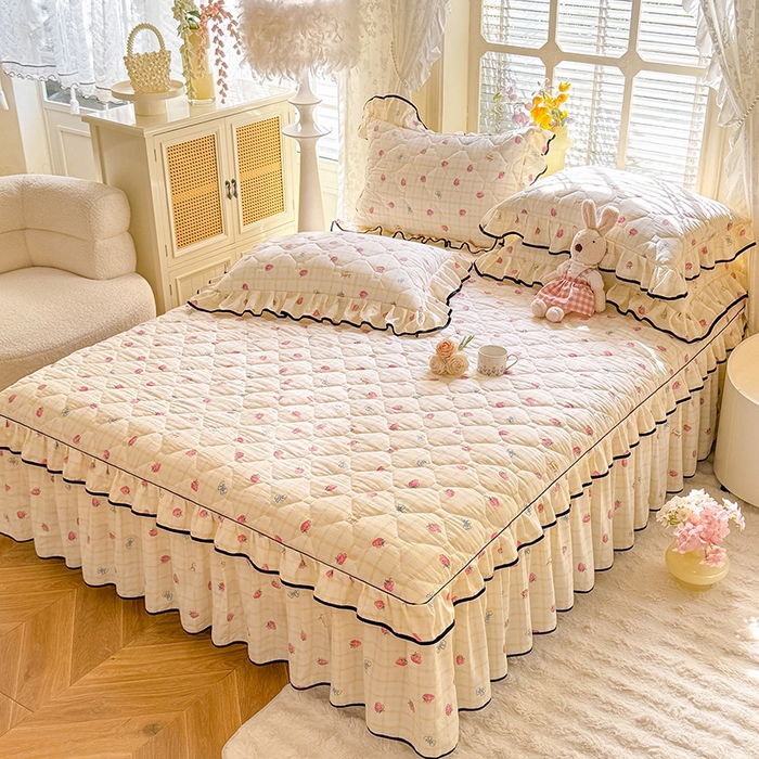 91家纺网 家纺一手货源 找家纺 优家居 2025新品水洗棉全夹棉床裙四件套韩版糯糯棉水洗皱皱纱床罩花边被套枕套直播爆款 莓好时光