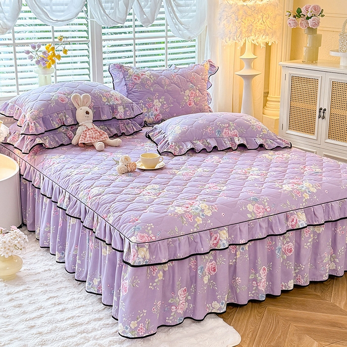 91家纺网 家纺一手货源 找家纺 优家居 2025新品水洗棉全夹棉床裙四件套韩版糯糯棉水洗皱皱纱床罩花边被套枕套直播爆款 秘园絮语