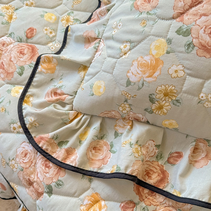 91家纺网 家纺一手货源 找家纺 优家居 2025新品水洗棉全夹棉床裙四件套韩版糯糯棉水洗皱皱纱床罩花边被套枕套直播爆款 花花田园