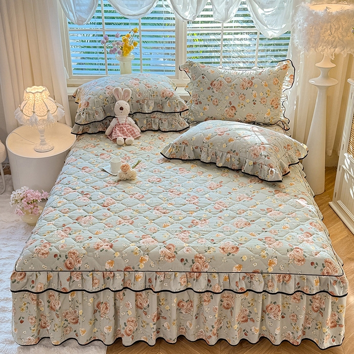 91家纺网 家纺一手货源 找家纺 优家居 2025新品水洗棉全夹棉床裙四件套韩版糯糯棉水洗皱皱纱床罩花边被套枕套直播爆款 花花田园