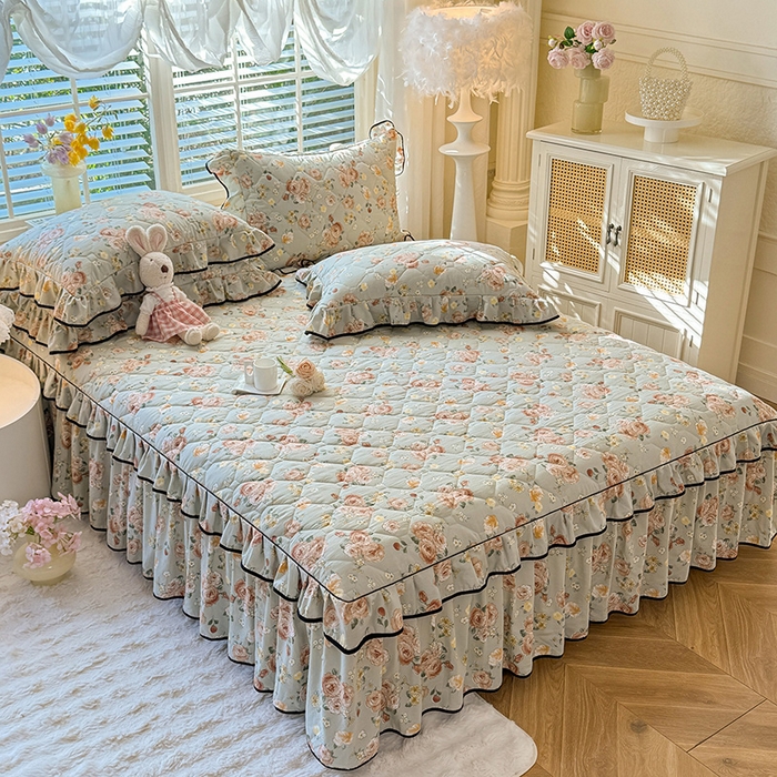 91家纺网 家纺一手货源 找家纺 优家居 2025新品水洗棉全夹棉床裙四件套韩版糯糯棉水洗皱皱纱床罩花边被套枕套直播爆款 花花田园