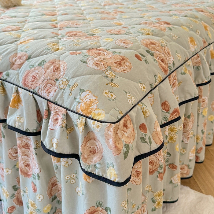 91家纺网 家纺一手货源 找家纺 优家居 2025新品水洗棉全夹棉床裙四件套韩版糯糯棉水洗皱皱纱床罩花边被套枕套直播爆款 花花田园